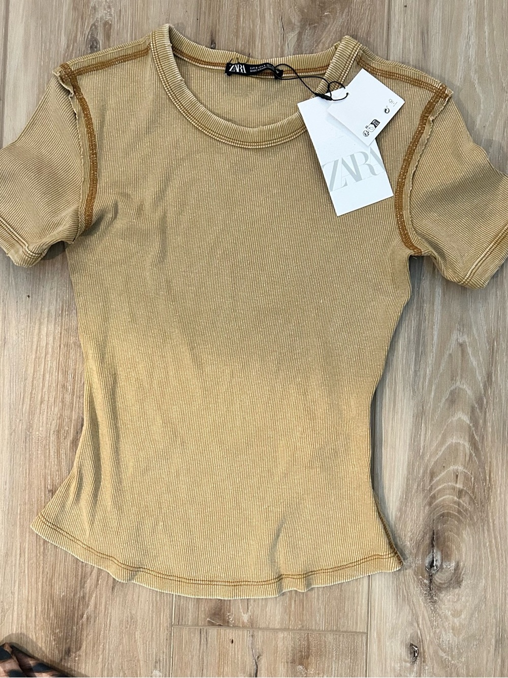 ZARA Tan Ribbed Short Sleeve Top